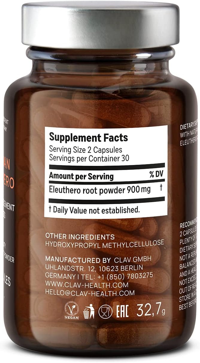 CLAV® Siberian Ginseng - 900mg Eleuthero Root Powder - Energy Supplement - Reduction of Tiredness &amp Fatigue - 60 Ginseng Capsules - Made in Germany