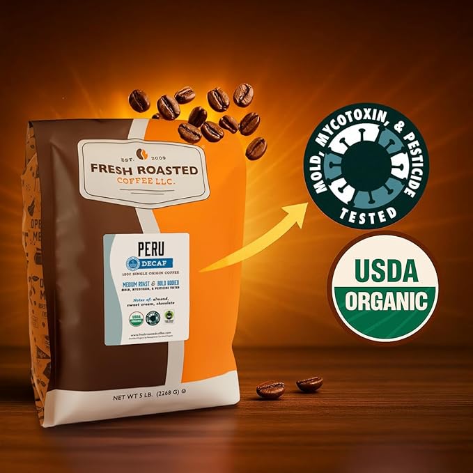 Fresh Roasted Coffee USDA Organic Peru Water-Processed Decaf | 3rd Party Tested for Pesticides Mold Mycotoxins Kosher | 100% Arabica Specialty Grade Med Roast 12 oz Ground