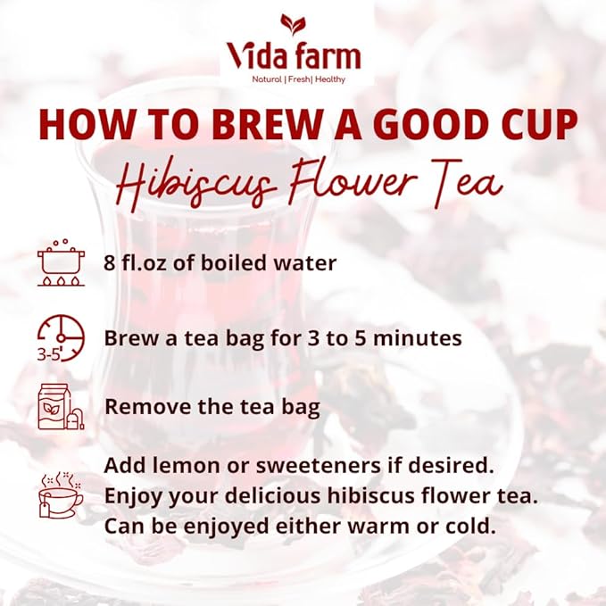 VIDA FARM 50 Hibiscus Tea Bags Natural Dried Hibiscus Flowers Tea Bags Roselle Hibiscus Sorrel Tea Jamaica Roselle Tea No Sugar No Caffeine No Gluten