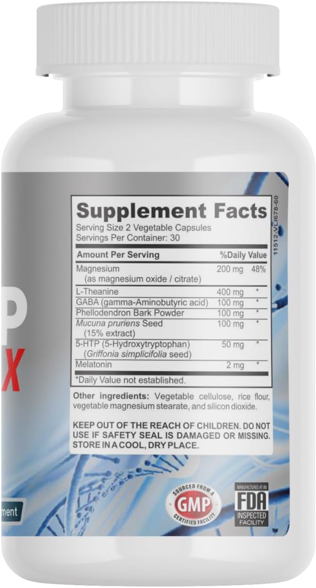 Sleep Support Supplement with Magnesium Oxide Magnesium Citrate Melatonin GABA Mucuna pruriens Seed L-Theanine and 5-HTP Non-Habit Forming Sleep Supplement 60 Capsules Made in USA.
