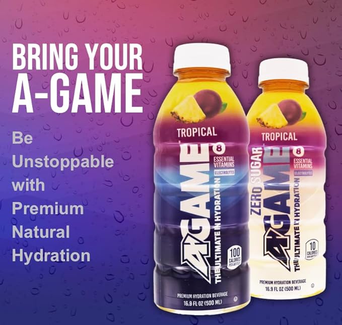 A-GAME Sports Drink Tropical The Ultimate Hydration Sports Beverage for Athletes 8 Essential Vitamins including B C &amp E plus Natural Sea Salt Electrolytes All Natural Flavors &amp Sweetener