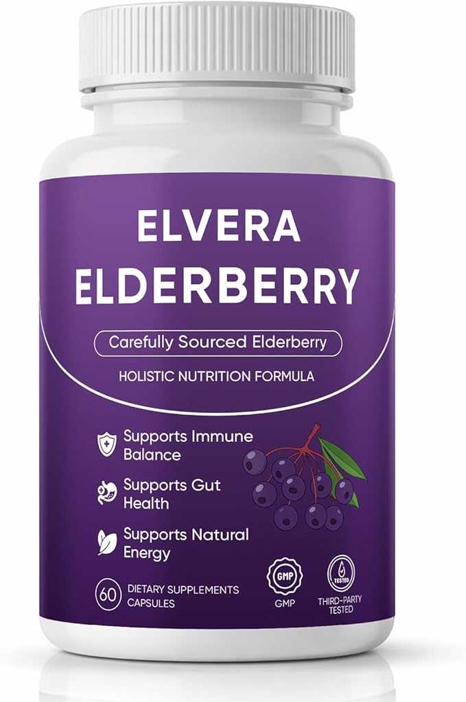 Elvera Elderberry Elvera Gut Support Complex with Zinc &amp Vitamin C Organic Black Elderberry Soft Capsules for Immune Support Boost Energy Digestive and Gut Healthy 60 Capsules (1)