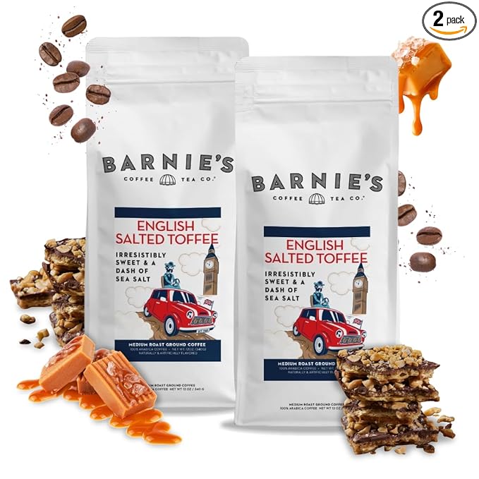 Barnie's English Salted Toffee Ground Coffee with Caramel Molasses and Salted Creamy Butter Flavors Medium Roasted Arabica Coffee Beans 12 oz Bag (Pack of 2)