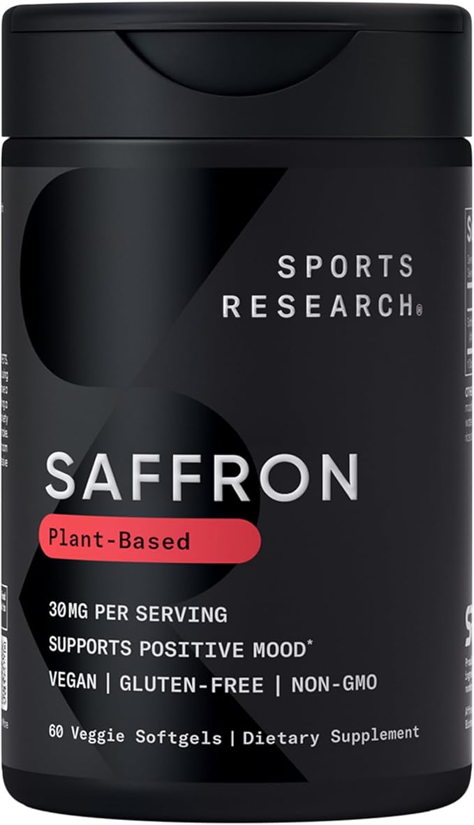 Sports Research® Pure Saffron Supplement 30 mg - Mood &amp Stress Support - Made w/Affron® Saffron Extract - Vegan Certified · Non-GMO · Gluten Free – 60 Veggie Softgels