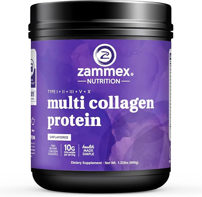 Zammex Multi Collagen Protein Powder 5 Types of Hydrolyzed Collagen Peptides Premium Grass-Fed Beef Chicken Wild Fish Eggshell Keto &amp Paleo Friendly 60 Servings Unflavored