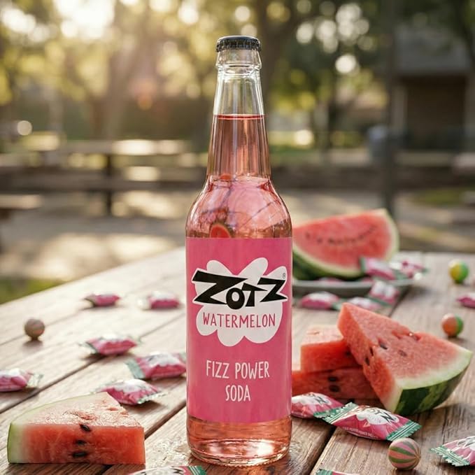 Rocket Fizz Zotz Watermelon Soda Flavor | Cane Sugar | Craft Soda Pop Drinks | 12 oz in Glass Bottle (6 Pack)