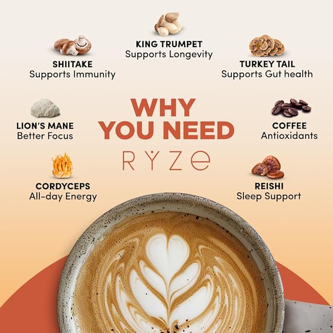RYZE SUPERFOODS Mushroom Medium Roast Coffee USDA Organic with 6 Adaptogenic Mushrooms USA Grown Instant Coffee for Better Energy Focus Digestion Immunity with Lions Mane &amp Turkey Tail 30 Servin