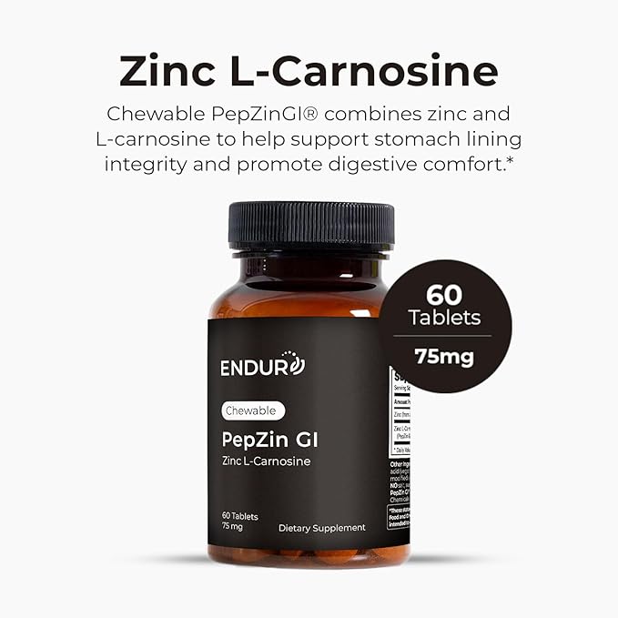 Endur PepZinGI ZINC-CARNOSINE Chewables Digestive Supplement Gentle &amp Effective Formula for Digestive Wellness Gluten Free 75mg (60 Tablets)