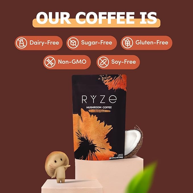 RYZE SUPERFOODS Dark Roast RYZE n Shine Bundle Instant Mushroom Coffee + Probiotic Coffee Creamer with 6 Adaptogenic Mushrooms Prebiotic+Probiotic Blends Energy Focus Digestion Immunity 30 sv each