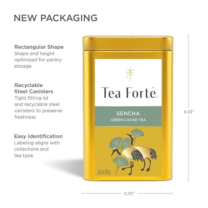 Tea Forte Sencha Premium Loose Leaf Caffeinated Green Tea Blend Canister Makes 35-50 Cups