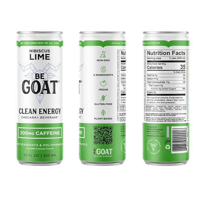 BeGOAT Clean Energy | Hibiscus Lime | 6 Ingredients Plant-Based Non-GMO Vegan | 200mg Natural Caffeine | 12 fl oz Cans (Pack of 12)