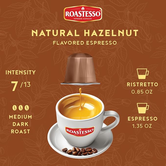 Roastesso Aluminum Espresso Capsules Natural Hazelnut Flavored Coffee Compatible with Nespresso Original Machines Medium Roast Intensity 7 Recyclable Coffee Pods Packed in USA (40 Count)
