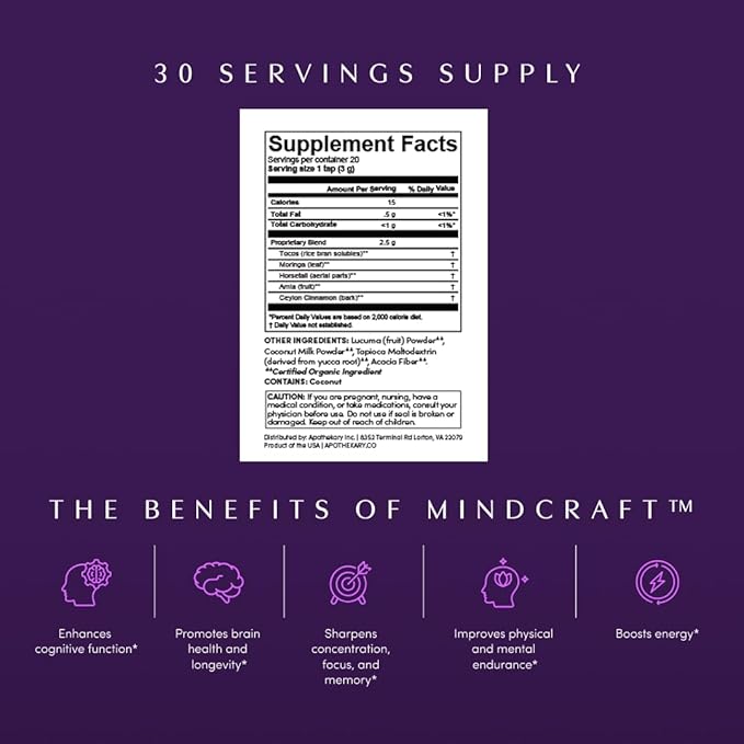 Apothékary Mindcraft Supports Focus Cognition Longevity and Anti-Aging Fast-Acting Herbal Liquid Drops with Lion’s Mane and Cordyceps Certified Organic Made in USA 4 fl oz 100 Servings
