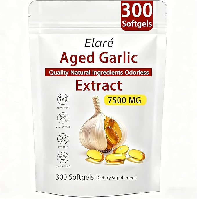 Elare Aged Garlic Extract - 7500mg Odorless Organic Garlic Extract Capsules | Heart &amp Immune Antioxidant Supplements Vegetarian All-Natural Non-GMO 300 Softgels