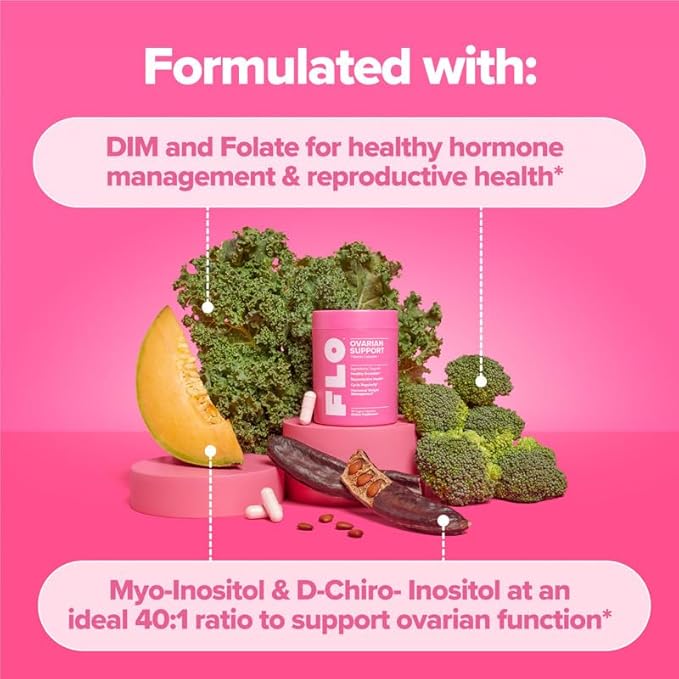 O Positiv FLO Ovarian Health Support - Hormone Balance for Women Supplement with DIM Myo &amp D-Chiro Inositol Folic Acid - Supports Healthy Ovulation Cycle Regularity - 30 Servings