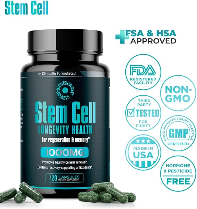 Premium Stem Cell Supplements 1000mg (360 Caps) Boost Immunity Reduce Joint Soreness Support Natural Anti-Aging &amp Longevity with Spirulina &amp Chlorella for Vitality Celulas Madre Health For
