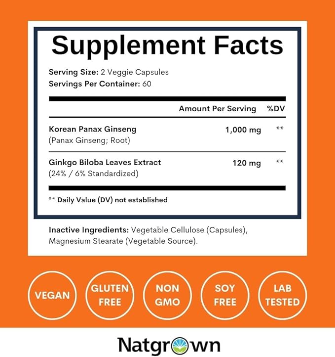 Natgrown Panax Ginseng &amp Ginkgo Biloba Supplement - Red Korean Ginseng &amp Ginko Biloba Capsules for Men &amp Women - Supports Memory Focus &amp Brain Function - Vegan Pills - 120 Count