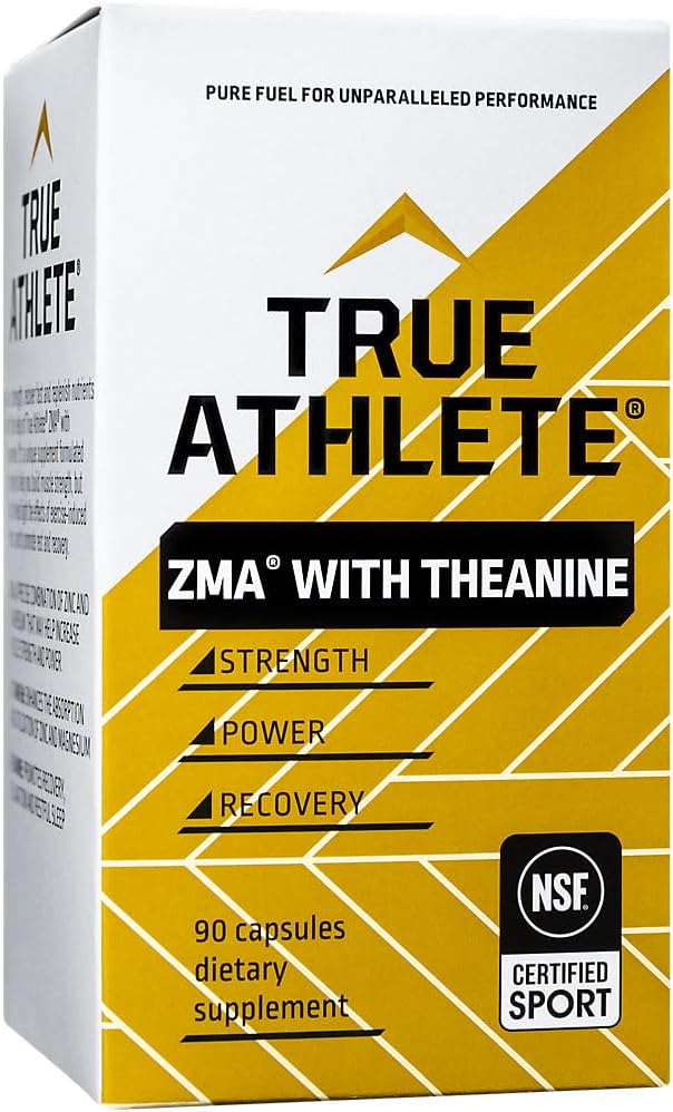 True Athlete ZMA + L Theanine Capsules Zinc Magnesium and Vitamin B6 Supplement for Active Men and Women Supports Recovery and Relaxation Gluten Free Sugar Free 90 Capsules