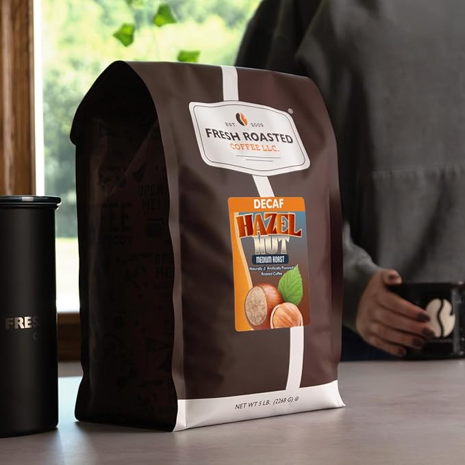 Fresh Roasted Coffee Decaf Hazelnut Flavored Coffee 5 lb (80 oz) Medium Roast Kosher Ground
