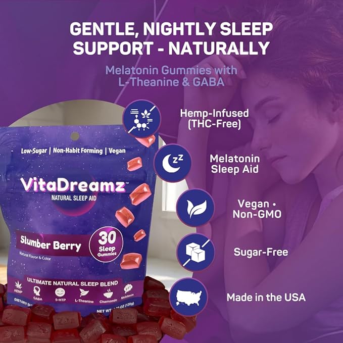 Premium Melatonin Sleep Gummies | Advanced Nighttime Blend with GABA L-Theanine &amp Chamomile | Slumber Berry Vegan Gummies for Calm Relaxation &amp Restful Sleep | 30 Count