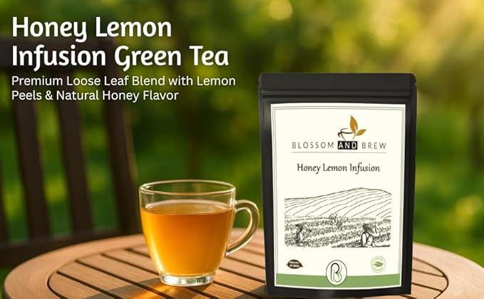 Blossom &amp Brew Honey Lemon Green Tea - Premium Loose Leaf Green Teas with Lemon Peels (2.46oz) Long Leaves Aromatic Herbal - Natural Ingredients | Brew Hot or Iced Tea