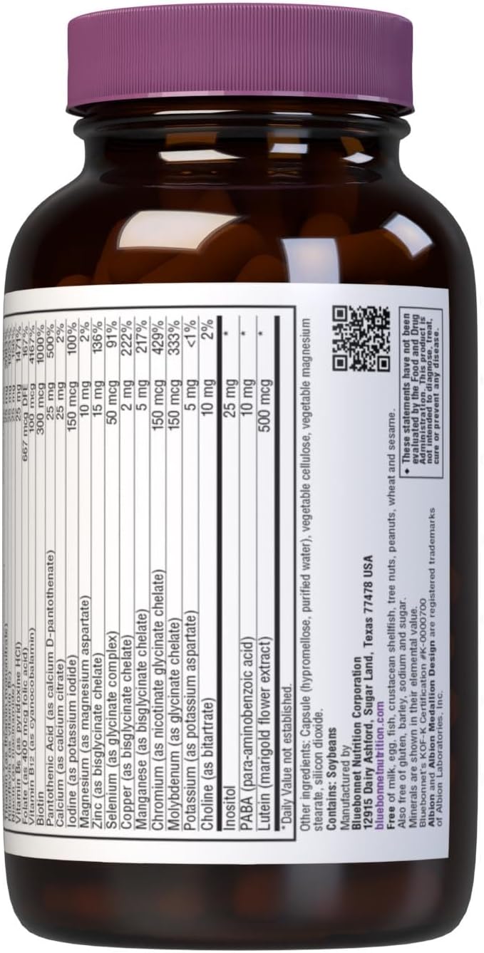 Bluebonnet Nutrition Multi One (Iron Free) Vegetable Capsules Complete Full Spectrum Multiple B Vitamins General Health Gluten Free Milk Free Kosher 120 Count