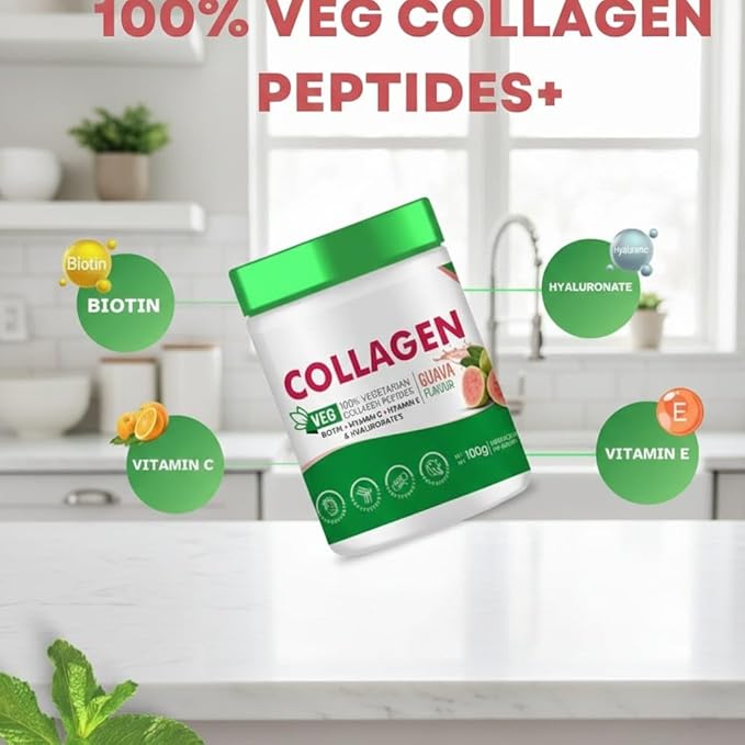 Vegetarian Collagen Supplements Powder by for Healthy Skin Hair &amp Nails 100G Guava Flavour with Biotin Vitamin C Vitamin E &amp Hyaluronates