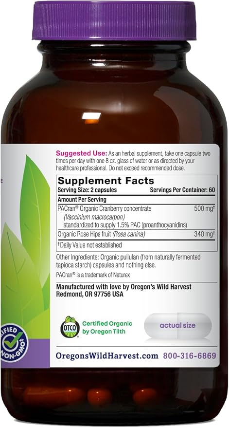 Oregon's Wild Harvest Cranberry Herbal Supplement – Organic Urinary Tract Support PACran Concentrate Non-GMO 120 Vegan Capsules