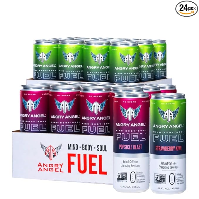 Angry Angel Ice Pop Blast &amp Strawberry Kiwi Natural Energy Drink - (24 count) Mixed Pack - Zero Sugar - CoQ10 - Important B Vitamins - 12 oz Cans