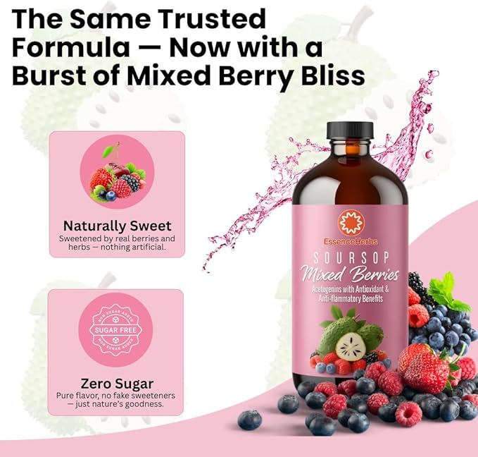 Essence Herbs Soursop Bitters Liquid with Mixed Berries Gut &amp Digestive Support Antioxidant Herbal Supplement with Soursop Leaves Moringa Black Seed &amp Turmeric 16 fl oz