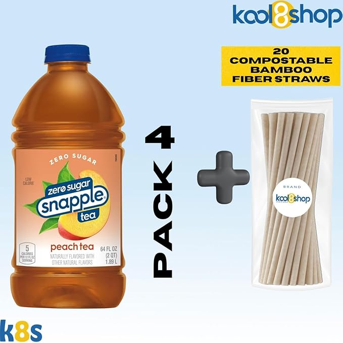 Snapple Zero Sugar Peach All Natural Tea 64 fl oz Plastic Bottle 4 Pack + 20 Compostable Bamboo Fiber Straws by KOOL8SHOP Infinite Deals