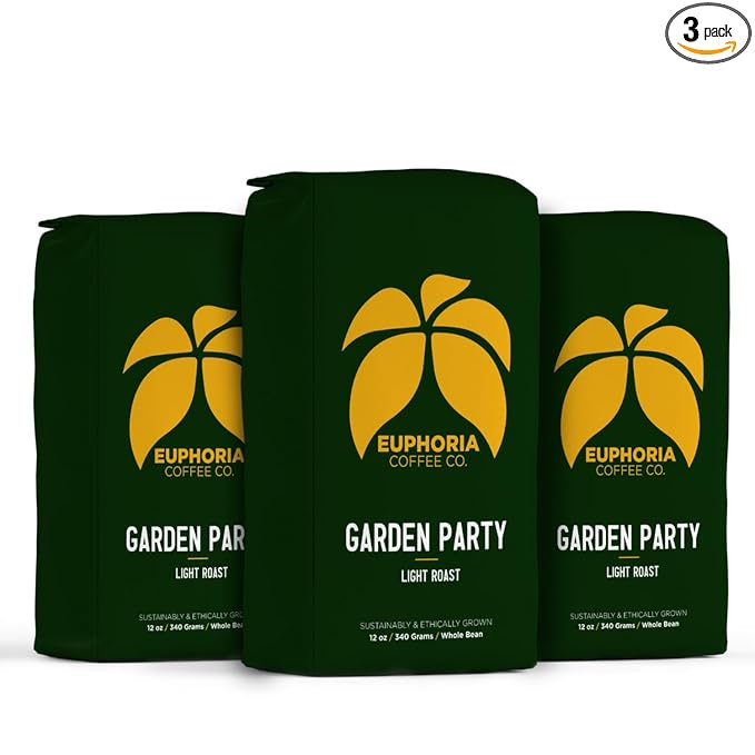 EUPHORIA COFFEE CO. Garden Party Whole Bean Coffee - Light Roast | 12oz Bag (3 Pack)