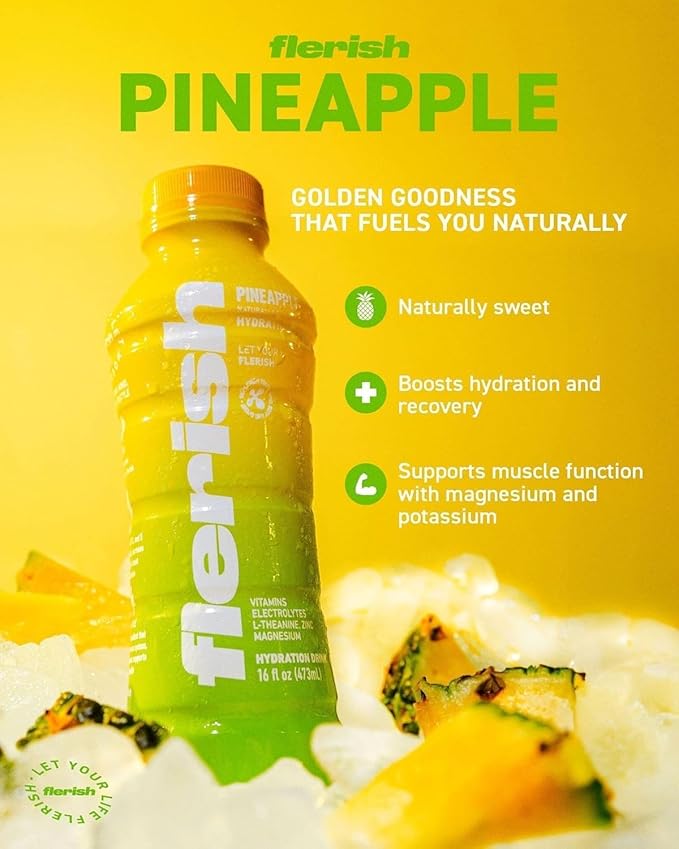 FLERISH Enhanced Hydration Drink Pineapple Flavor - Watermelon Based Electrolytes with L-Theanine &amp Magnesium 16 fl oz (Pack of 12)