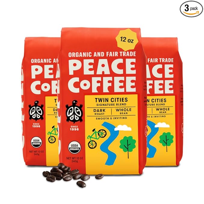 Peace Coffee Twin Cities Signature Blend Dark Roast Whole Bean Coffee 12 oz Pack of 3 Organic Fair Trade Nutty Bold Flavor Shade Grown Fresh Roasted