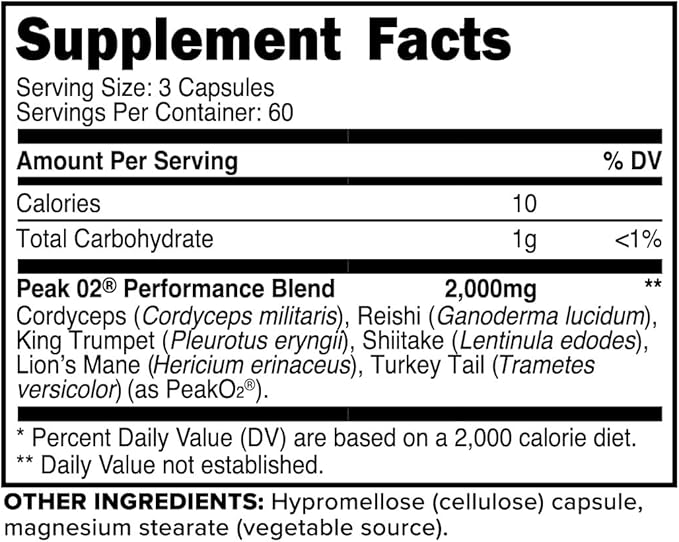Primaforce Peak O2 Performance Mushroom Powered Oxygen Absorption Booster (180 Capsules) (2000 mg Per Serving 60 Servings) - Athletic Performance Supplement Ultimate Mushroom Blend