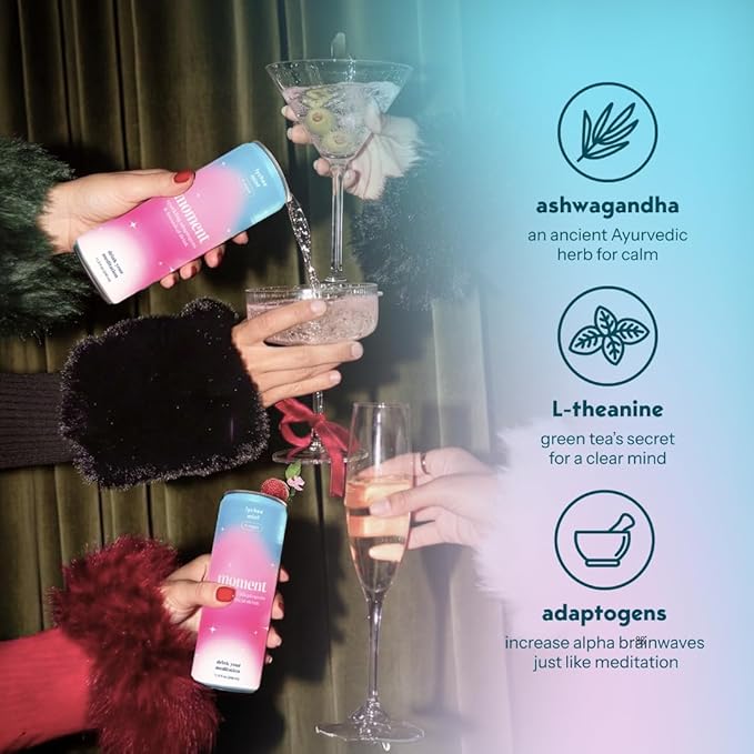 Moment Mocktails Non Alcoholic Drinks (Shark Tank) | SPARKLING Lychee Mojito Adaptogen Drink | L-Theanine &amp Ashwagandha for Calm &amp Clarity | 0 Added Sugar 0 Caffeine | 12-pack