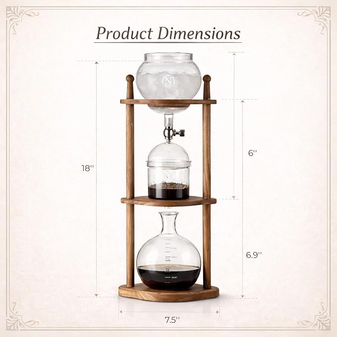 Nispira Cold Brew coffee Maker Ice Coffee Drip Machine with Advanced Slow Drip Technology Borosilicate Glass with Wood Tower 6-8 Cup Brown