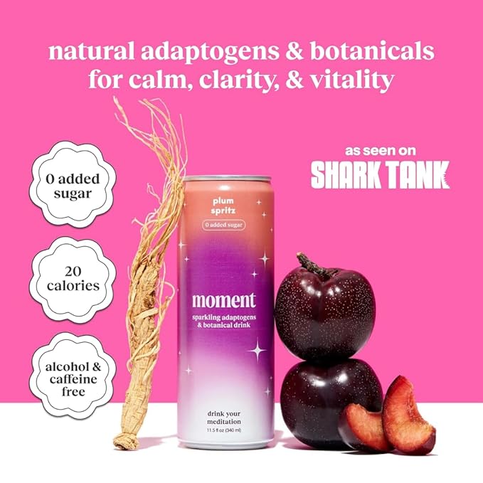 Moment Mocktails Non Alcoholic Drinks (Shark Tank) | SPARKLING Plum Spritz Adaptogen Drink | L-Theanine &amp Ashwagandha for Calm &amp Clarity | 0 Added Sugar 0 Caffeine | 24-pack