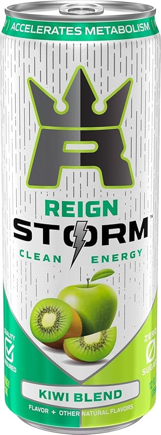 REIGN Storm Kiwi Blend Energy Drink 12 Fl Oz Cans (Pack of 6) | 200mg Plant-Based Caffeine Biotin B Vitamins Zinc Vitamins A &amp C Chromium | Zero Sugar No Artificial Flavors or Colors