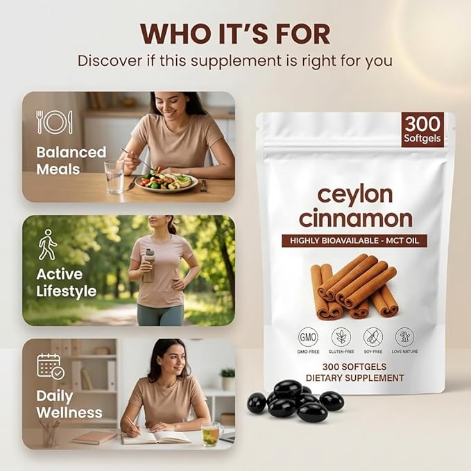 Ceylon Cinnamon Softgels Ceylon Cinnamon Soft Gels 7200mg with MCT Oil Highly Bioavailable Herbal Extract Non-GMO Gluten Free 300 Softgels