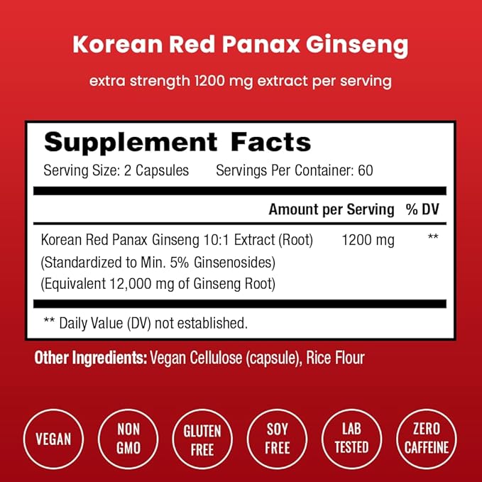 NutraChamps Korean Red Panax Ginseng Capsules | Extra Strength Ginsenosides for Energy Focus Performance Vitality &amp Immune Support | Korean Ginseng Root Extract (120 Red)