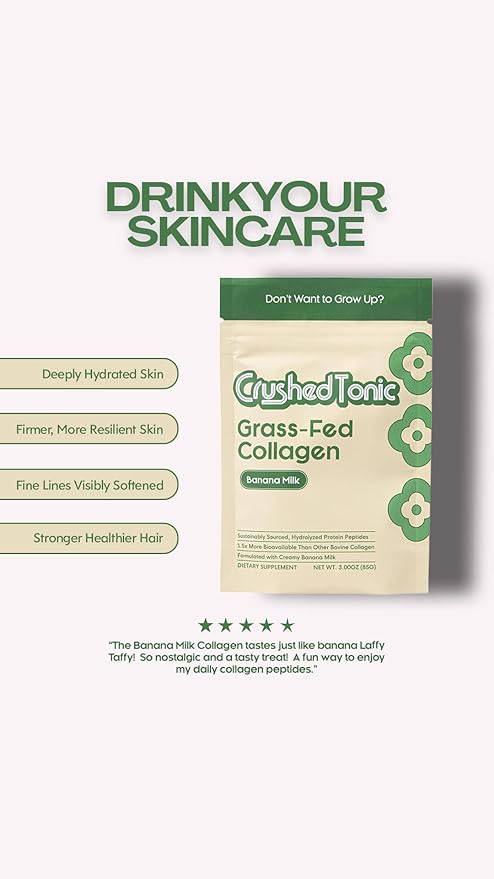 Crushed Tonic Korean Beauty Collagen Powder | Hydrolyzed Marine Collagen Peptides for Skin Glow Hair &amp Nails | K-Beauty Drink | Gluten-Free Halal &amp Kosher (Banana Milk 30 Servings (150 g)