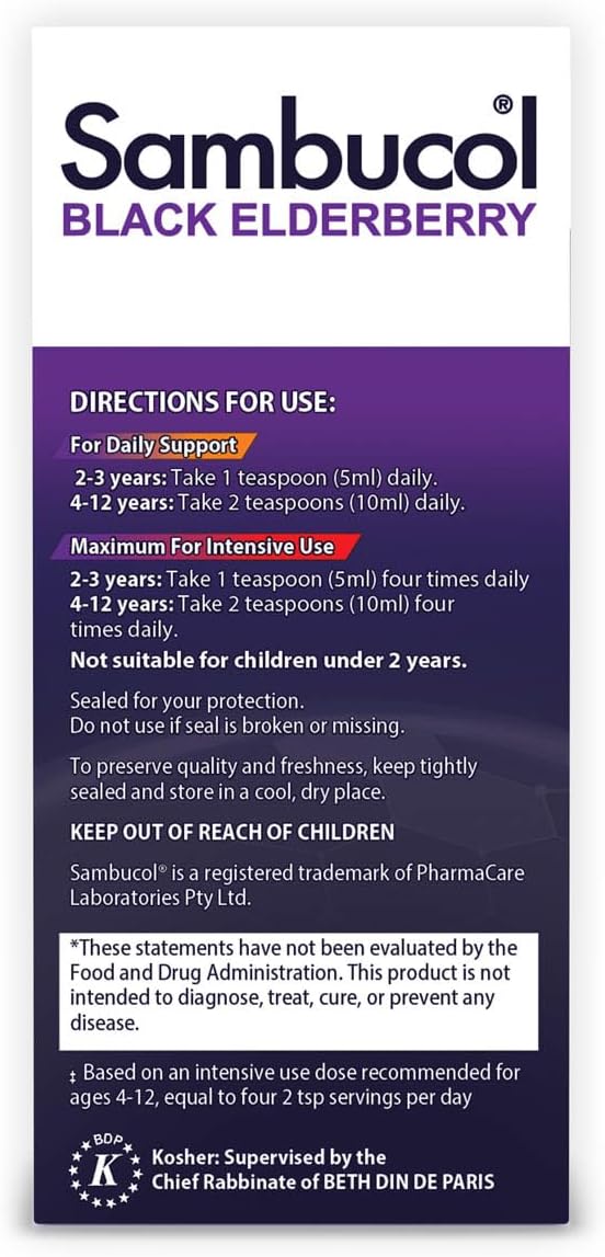 Sambucol Black Elderberry Syrup for Kids - Elderberry Liquid with Vitamin C for Kids No Artificial Flavors High Antioxidants Daily Wellness Support Berry Flavor - 7.8 Fl Oz