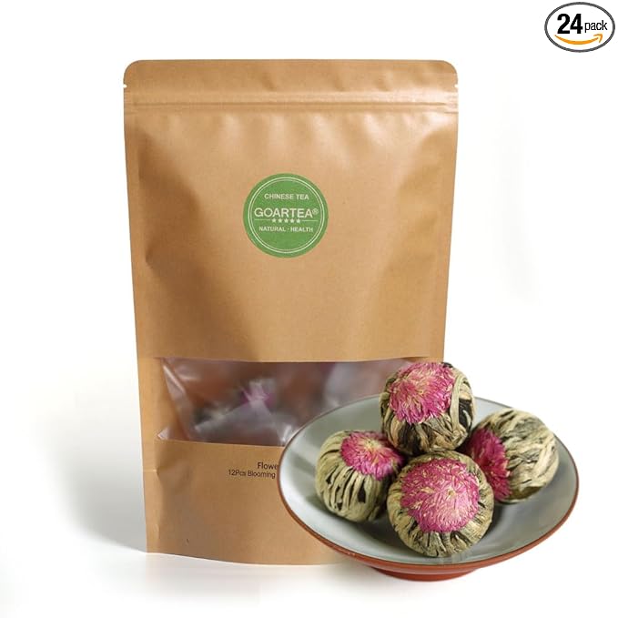 GOARTEA Blooming Tea Flowers - 24pcs 2 Packs of 12 - Individually Sealed Flowering Balls - Hand-Tied Natural Green Tea Leaves &amp Edible Flowers - Gifts For Tea Lovers