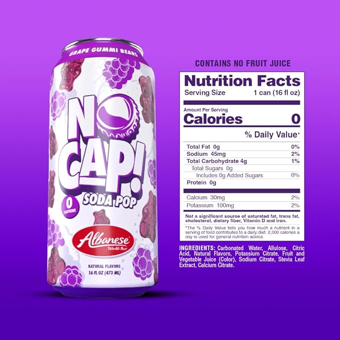 No Cap! Healthy Soda Alternative Natural Allulose Zero Sugar Zero Calorie Caffeine Free | Hydrating Electolytes Natural Flavors 16 oz. (Grape Gummi Bear)