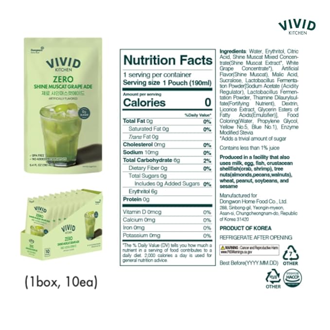 VIVID KITCHEN Korean Grape Ade – Shine Muscat Flavor – Zero Sugar Zero Calories – 6.4 fl oz (10 Pouches) – No Preservatives or Corn Syrup – Natural Korean Drink for Hydration &amp Refreshment