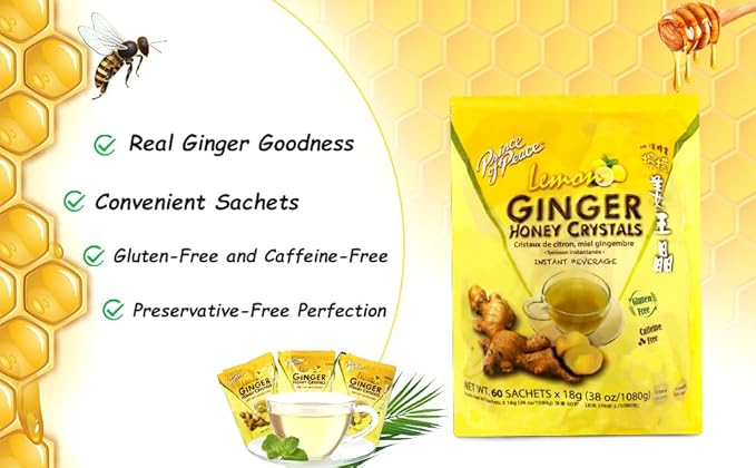 Prince of Peace Instant Ginger Honey Crystals with Lemon 60 Sachets – Instant Hot or Cold Beverage – Easy to Brew – Drink Like a Tea – Caffeine and Gluten Free – Real Ginger