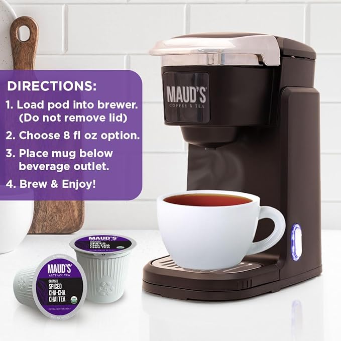 Maud's Organic Chai Tea Pods 48 ct Single Serve Tea Pods – 100% Gourmet Blended Tea Leaves Compatible with Keurig K Cups Maker