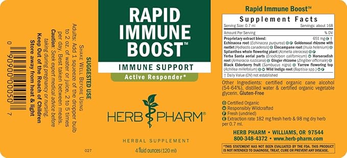 Herb Pharm Organic Rapid Immune Boost: Fast-Absorbing Tincture for Adults Echinacea Tincture with Goldenseal Ginger Extract &amp Elderberry Immune Support Supplement &amp Wellness Aid 4 Oz