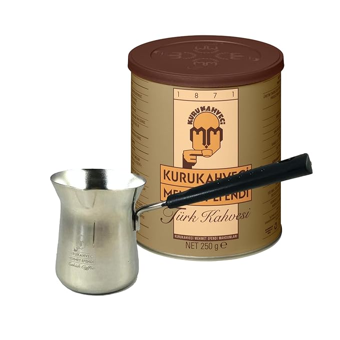 KURUKAHVECI MEHMET EFENDI Turkish Coffee Cezve Set Roasted GroundRich Aroma Turkish Coffee Set Original Taste Since 1871 (8.8 OZ / 250 Gr) with Cezve